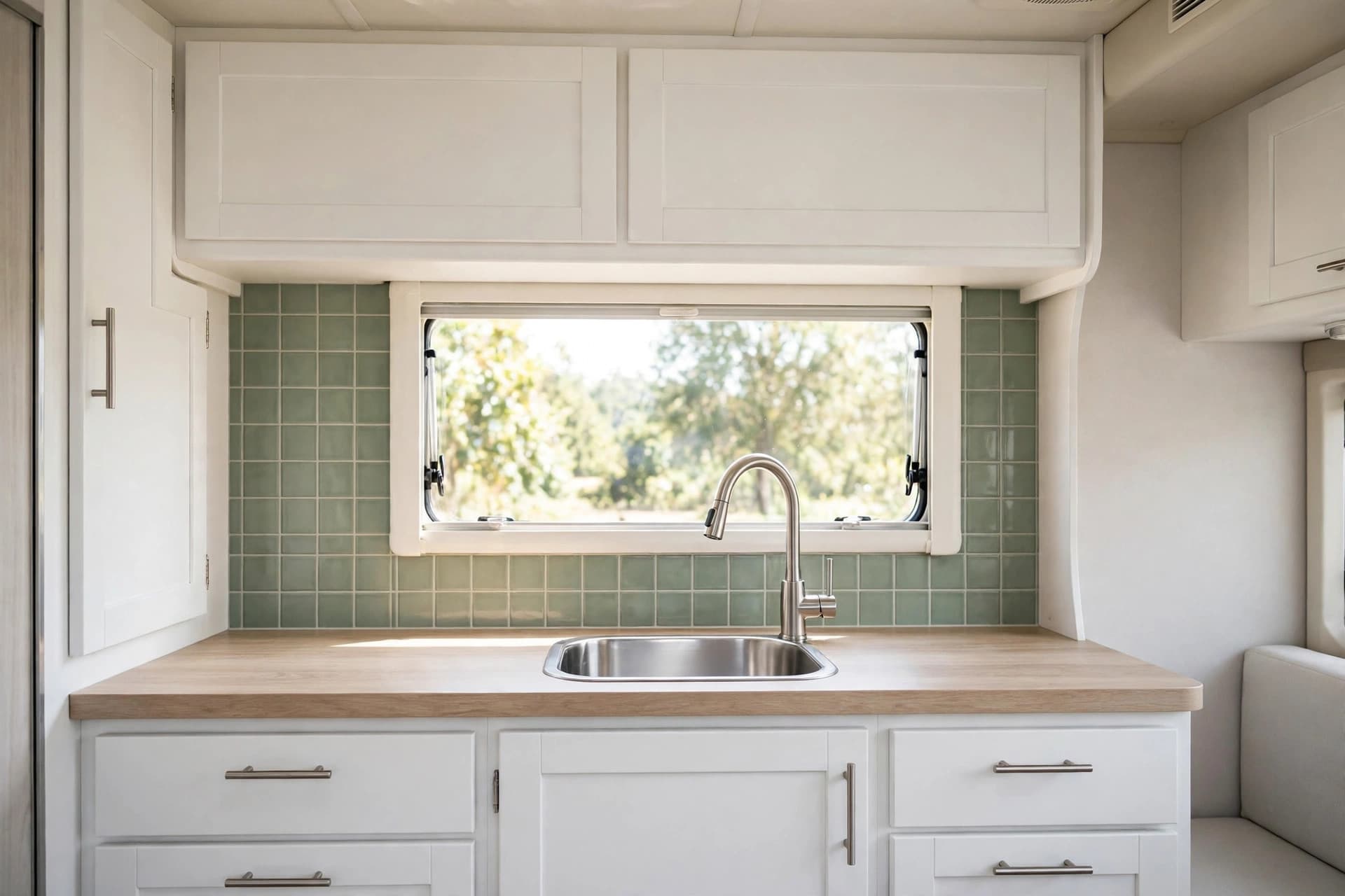 Kitchen with white cabinets and green backsplash