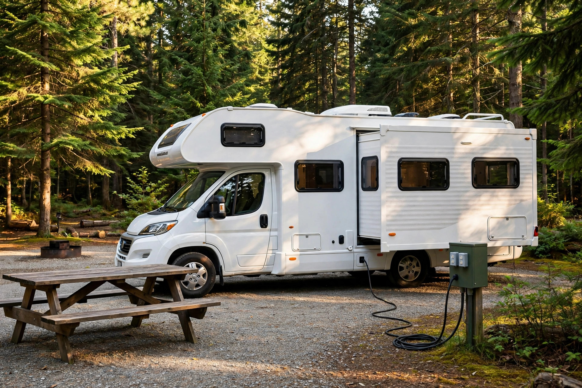 Set up at camp — slide-out extended, plugged into 30-amp service