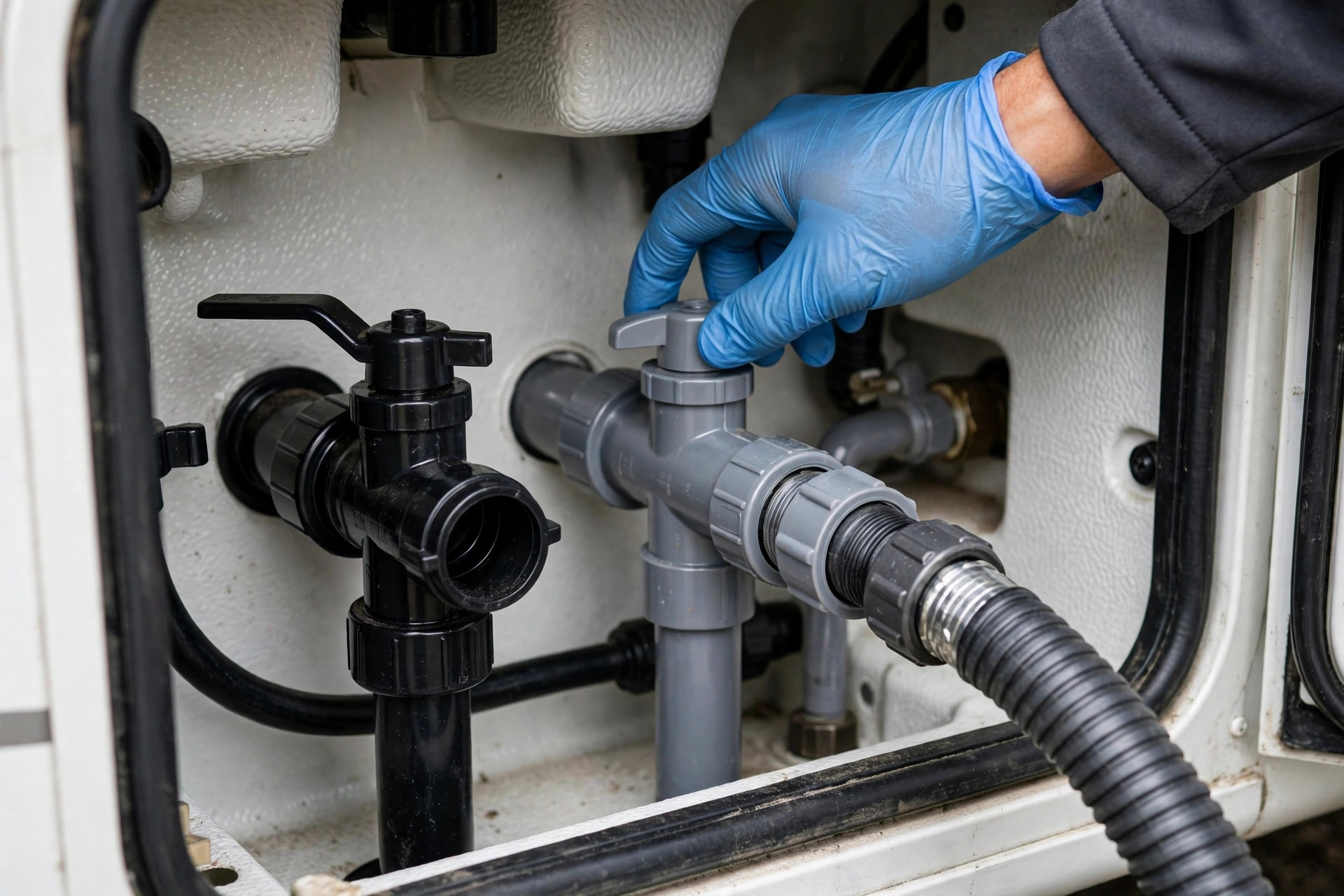 The tank valves — black first, then grey, gloves on