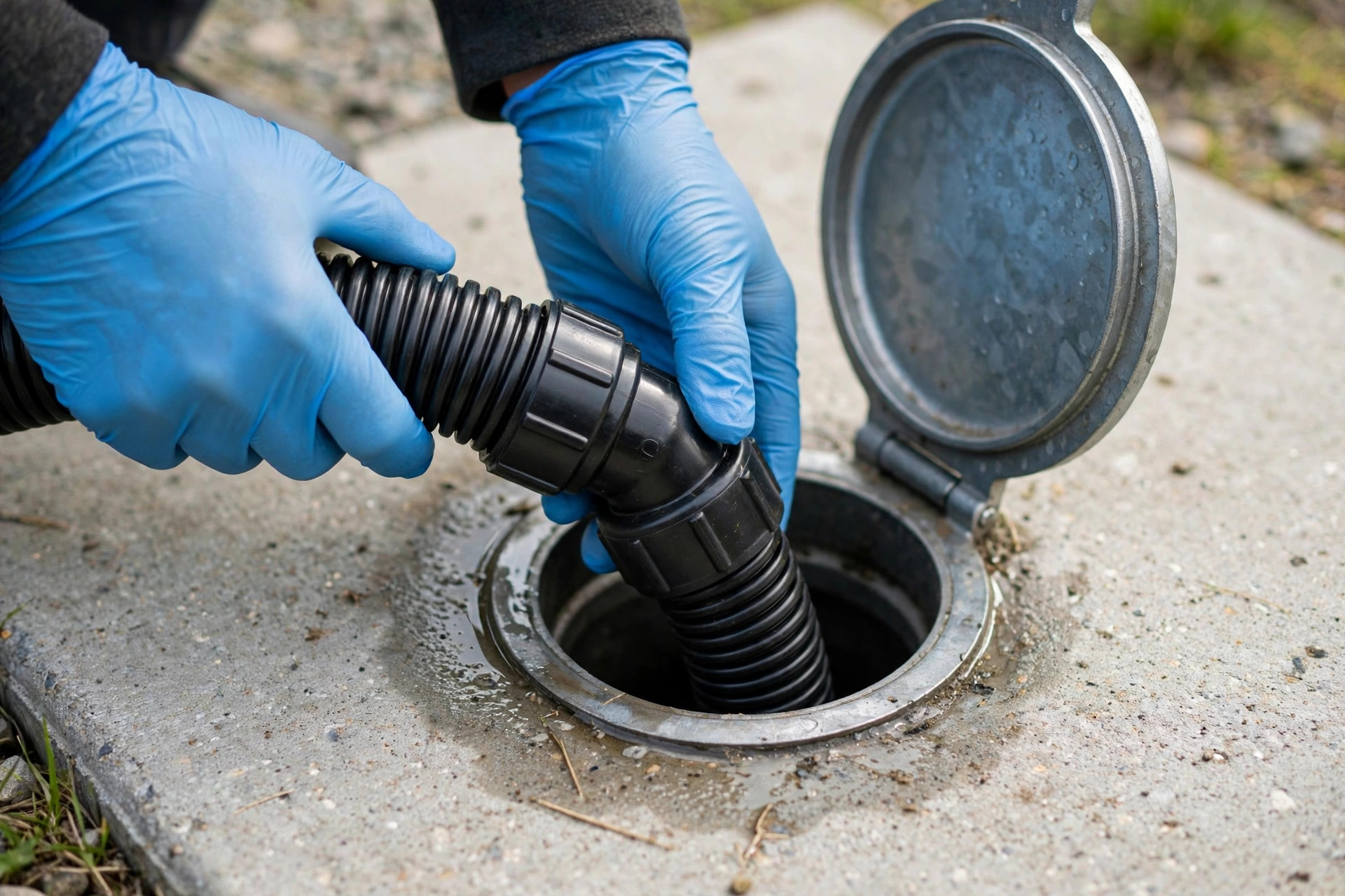 Step two: the sewer hose seats into the dump station inlet