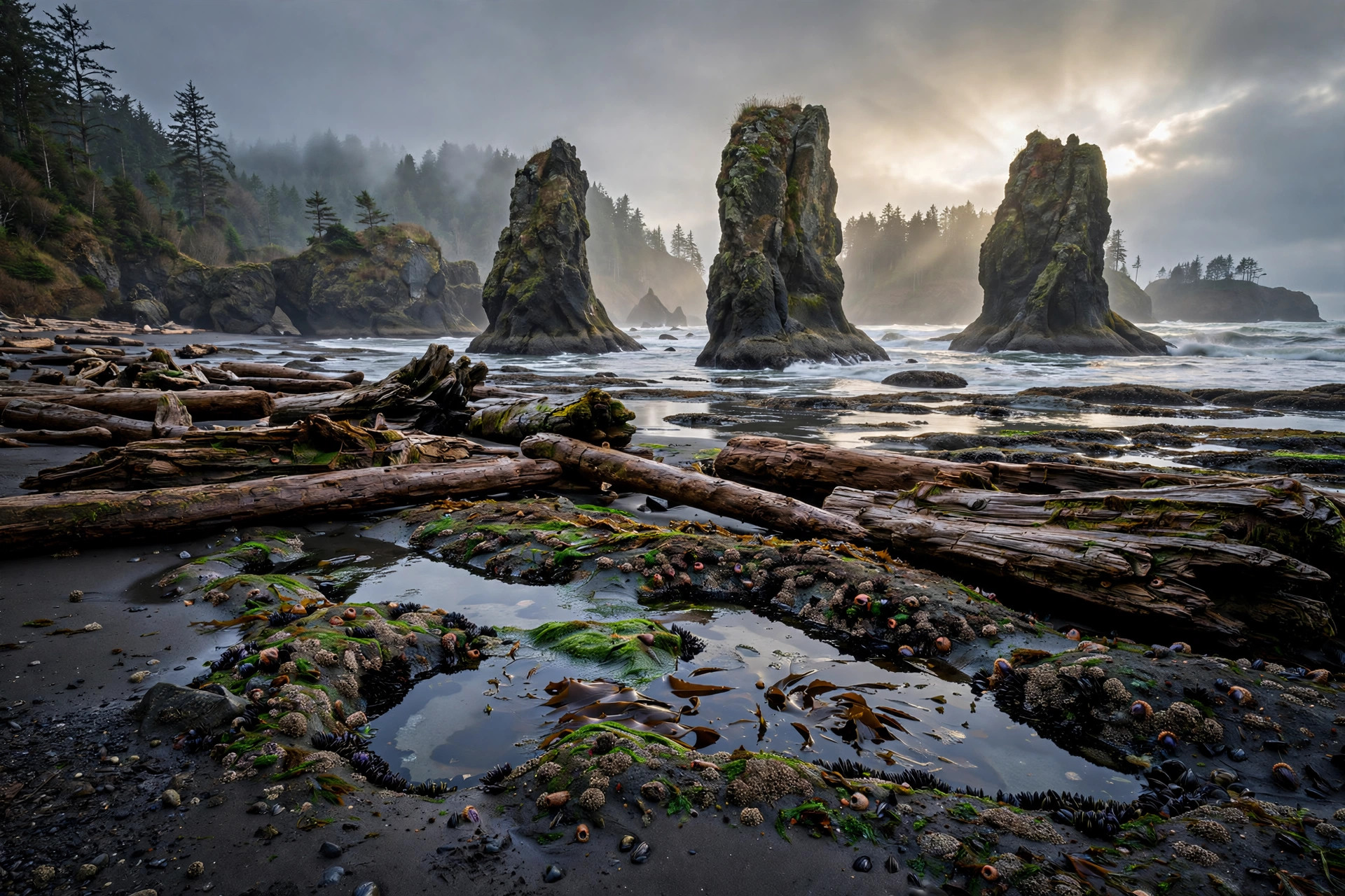 Ruby Beach at low tide — sea stacks, tide pools, and driftwood