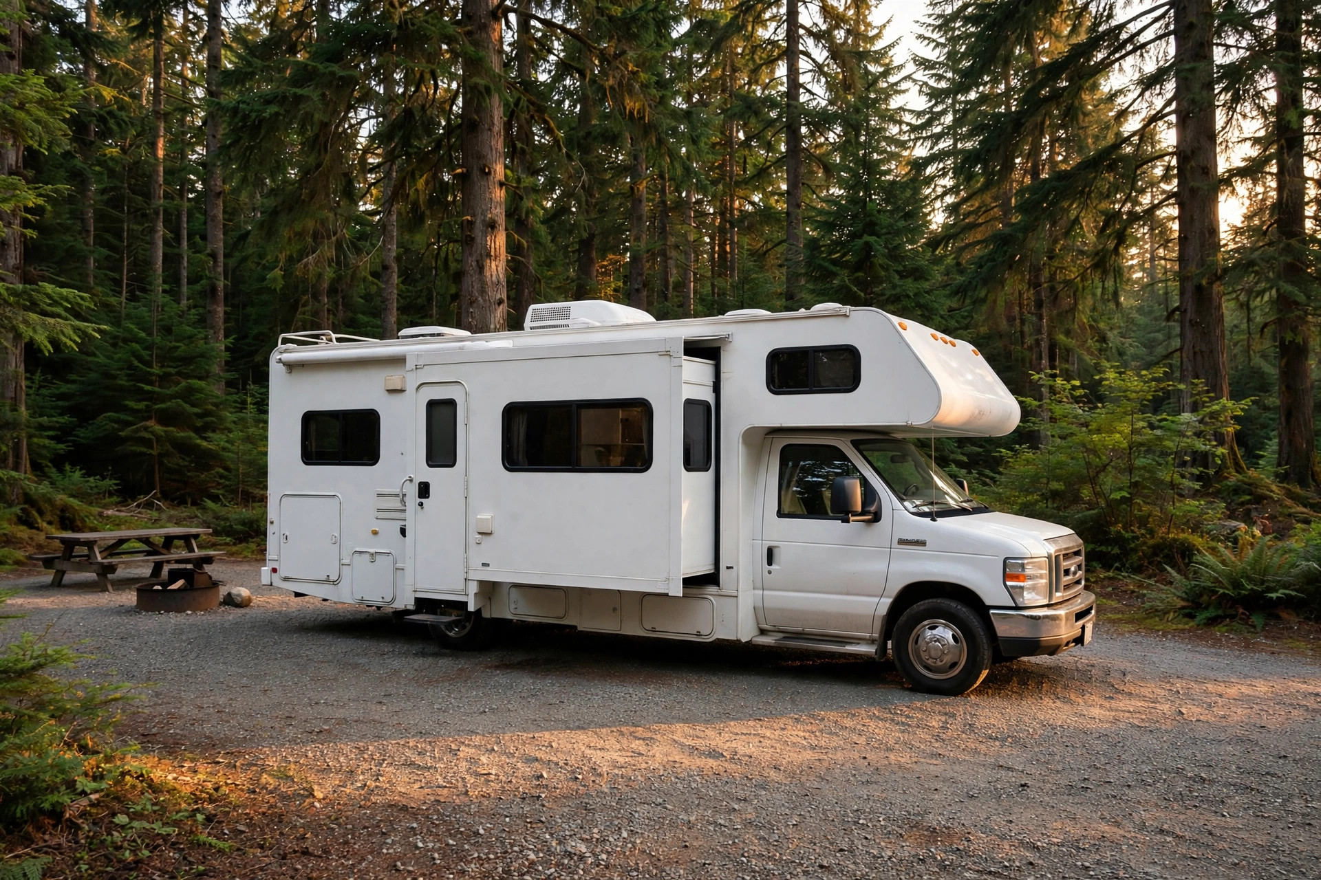 Base camp at Cougar Rock — level, slide-out out, early to bed