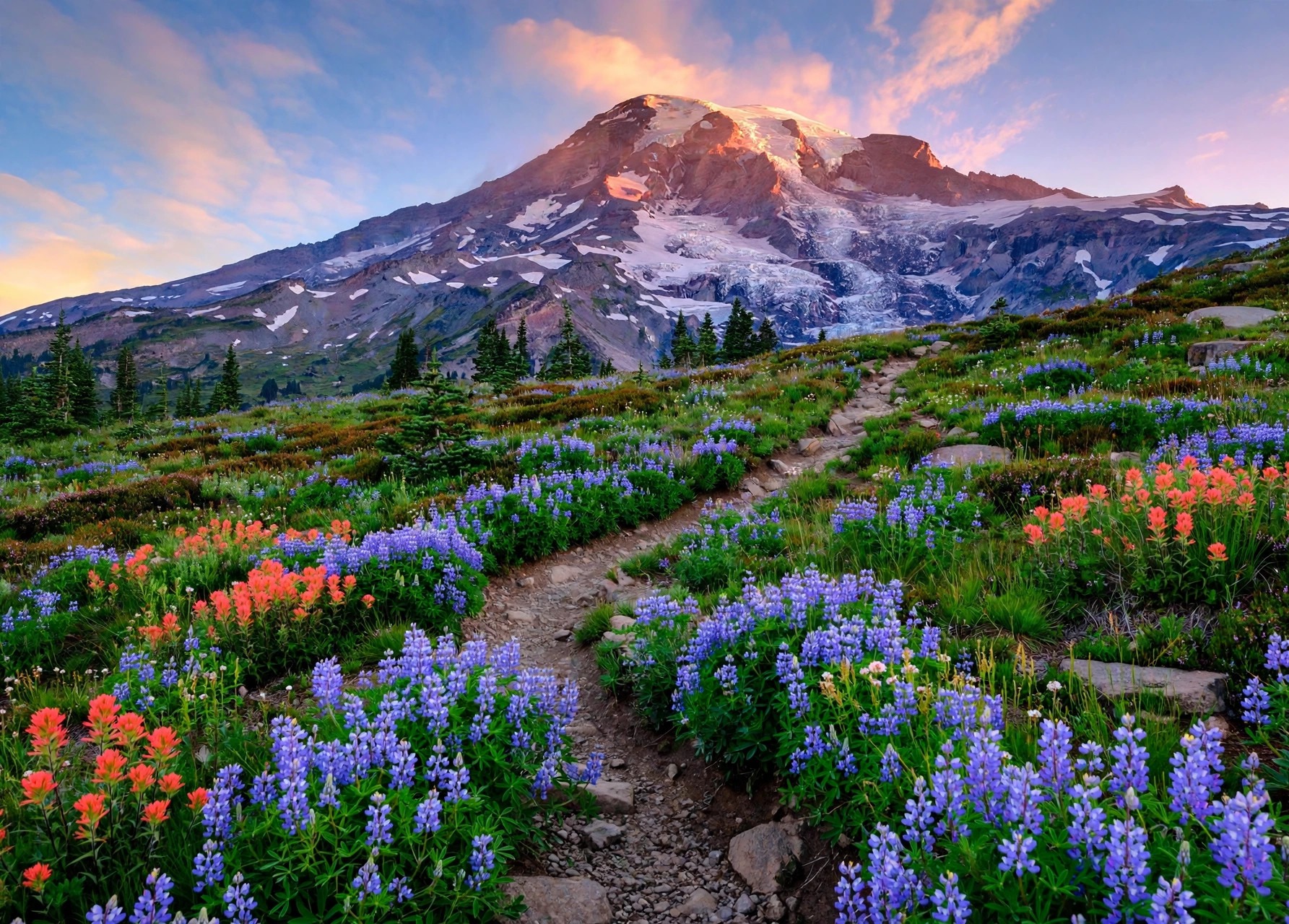 Paradise at sunrise — lupine and paintbrush under the glaciers